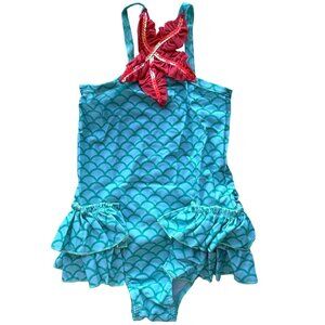 Starfish Mermaid Girls Swimsuit 4T Turquoise Scale Print Ruffles Polyester
